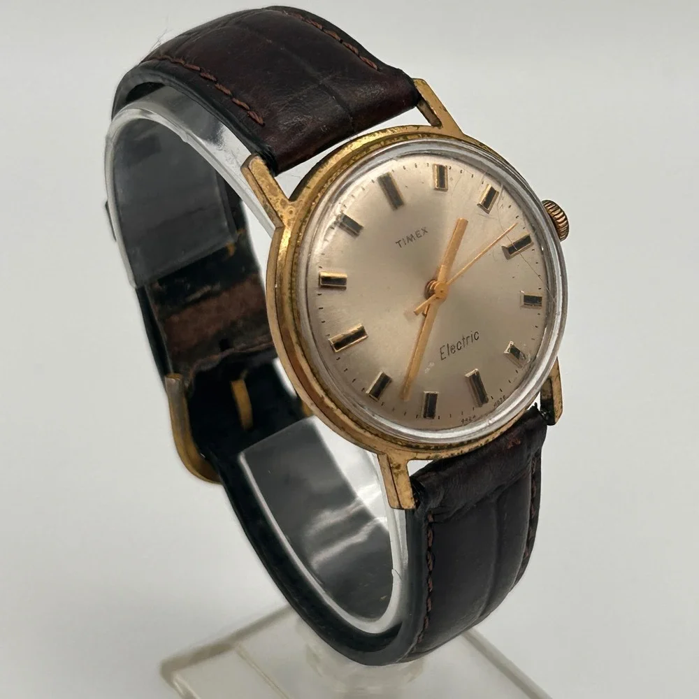 Vtg‎ Timex Electric Mens Watch Gold Tone Champagne Dial Brown Leather FOR REPAIR